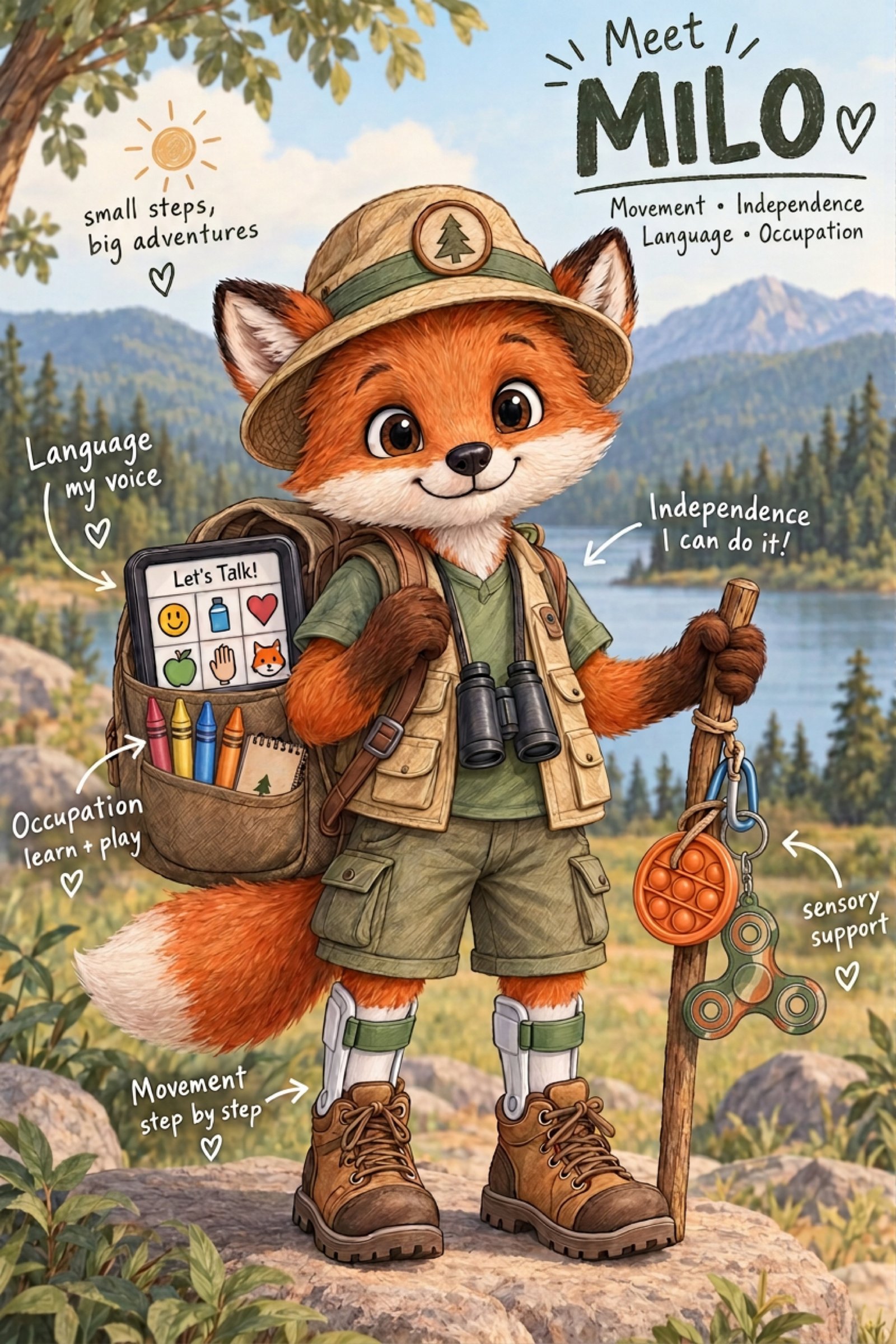 Milo, our friendly fox explorer, with his communication board, sensory tools, and adventure gear